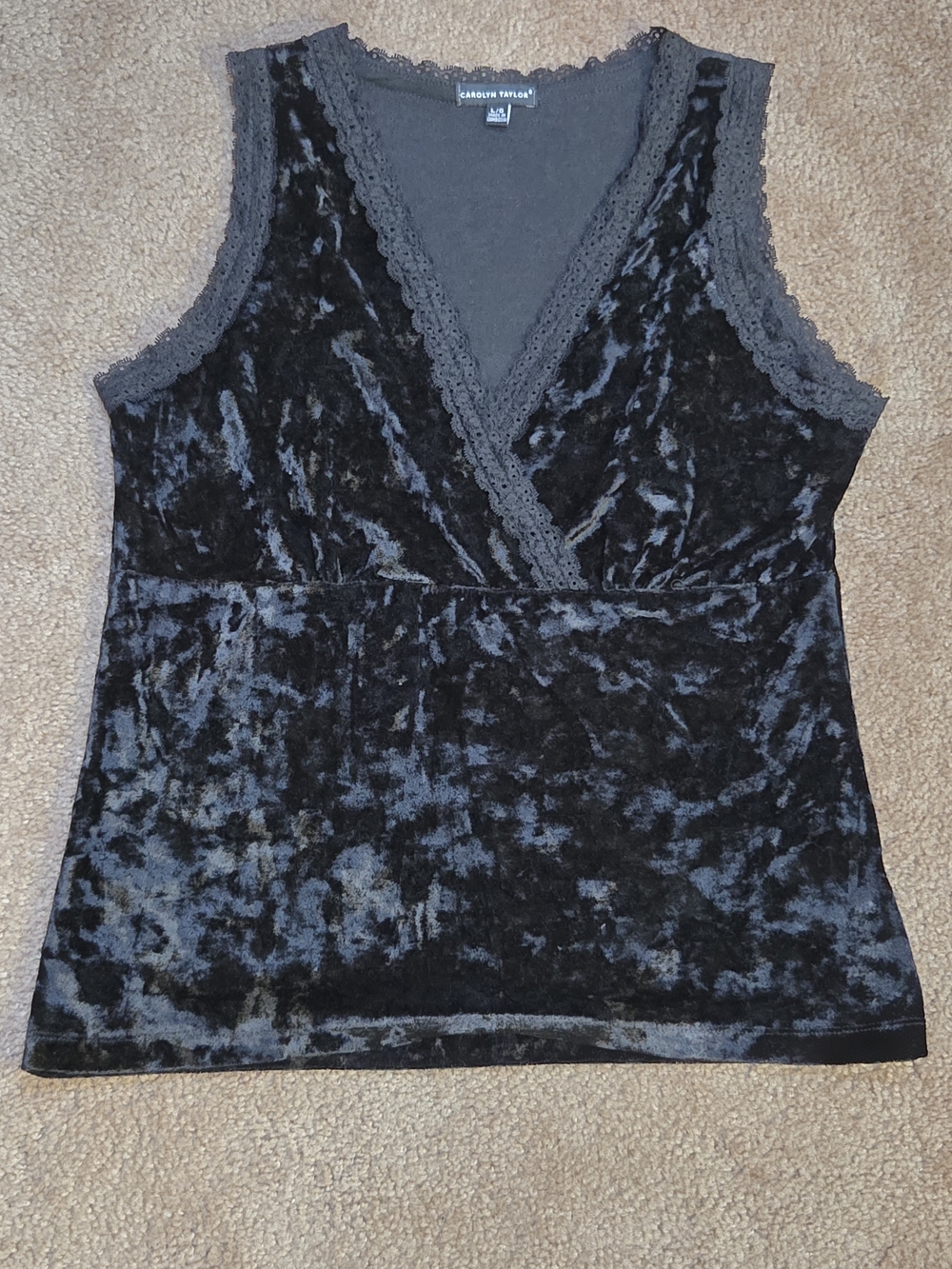Carolyn Taylor Black Crushed Velvet Lace-Trim V-Neck Camisole